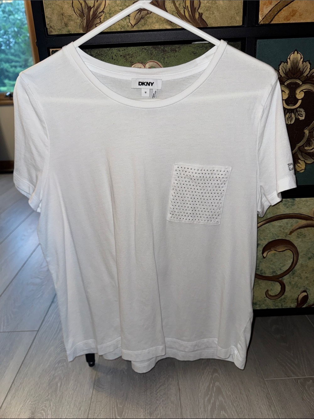 DKNY White Crewneck Tee with Studded Pocket Detail